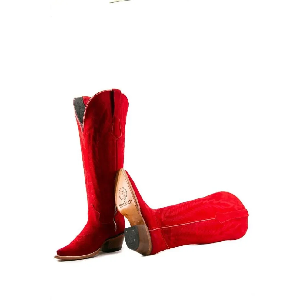 Rock’em Gia Valentina Red Suede Wide Calf Western Cowboy Boots Size 8.5 Tall Sha